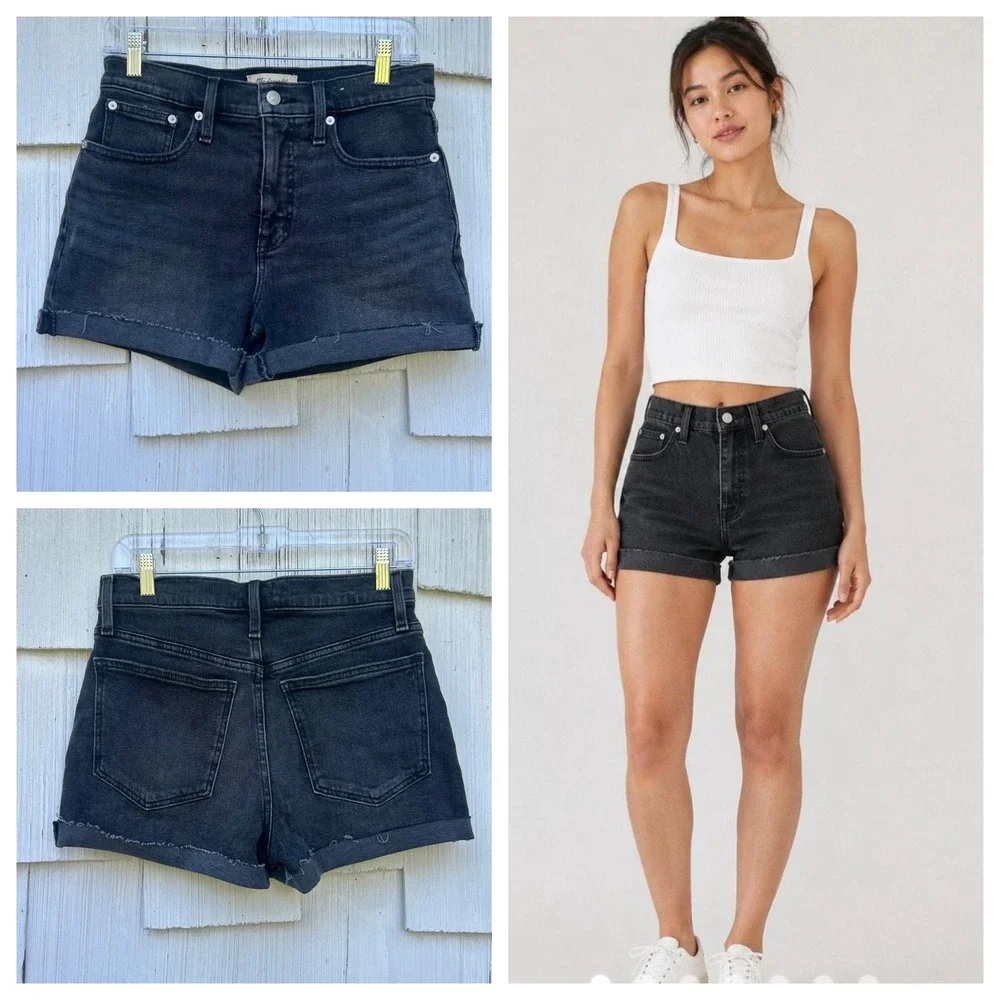 Madewell High-Rise Denim Shorts in Lunar Wash Black Size 26 Raw Hem Cuffed